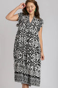 Umgee Full Size Two Tone Border Print Ruffle Cap Sleeve Midi Dress Plus Size - Velora Luxury Fashion