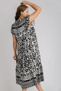 Umgee Full Size Two Tone Border Print Ruffle Cap Sleeve Midi Dress Plus Size - Velora Luxury Fashion