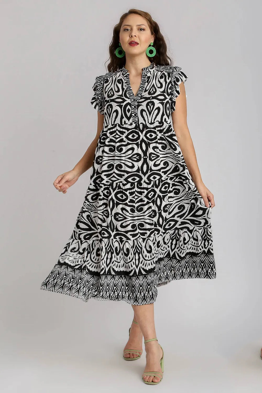 Umgee Full Size Two Tone Border Print Ruffle Cap Sleeve Midi Dress Plus Size - Velora Luxury Fashion
