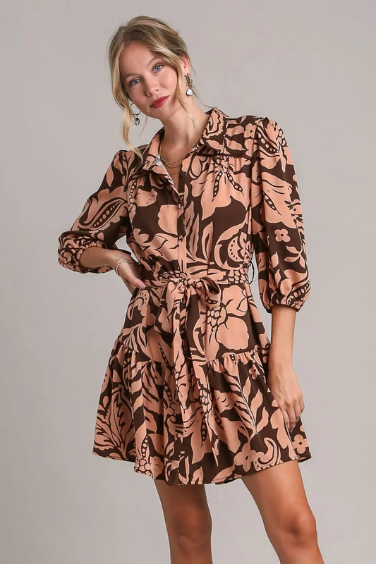 Umgee Full Size Two Tone Floral Print Puff Sleeve Tie Waist Dress Plus Size - Velora Luxury Fashion