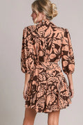 Umgee Full Size Two Tone Floral Print Puff Sleeve Tie Waist Dress Plus Size - Velora Luxury Fashion