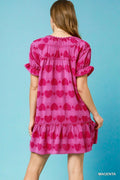 Umgee Heart Pattern Short Sleeve Ruffle Babydoll Dress - Velora Luxury Fashion