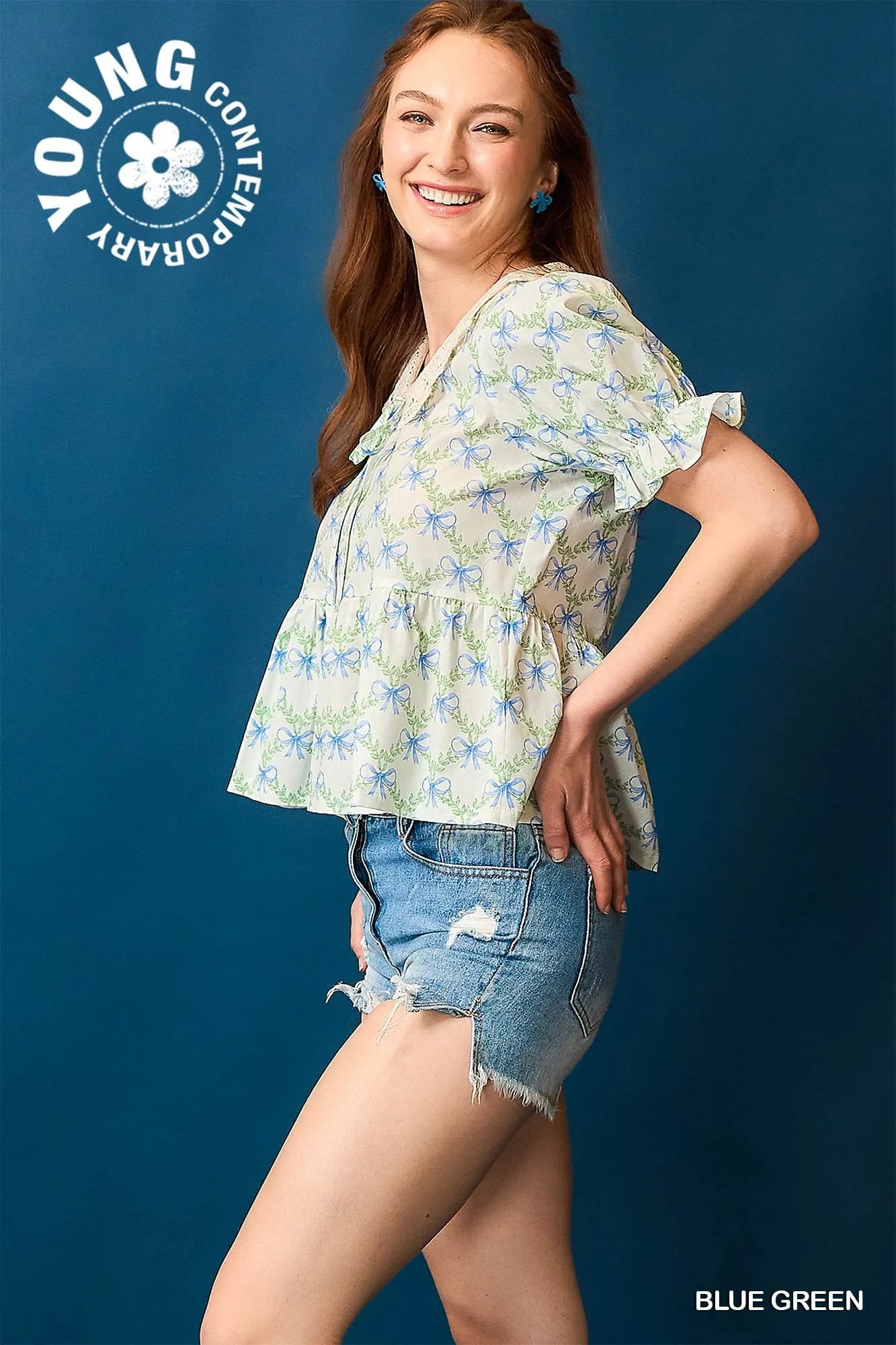 Umgee Lace Detail Bow Print Flounce Sleeve Blouse - Velora Luxury Fashion