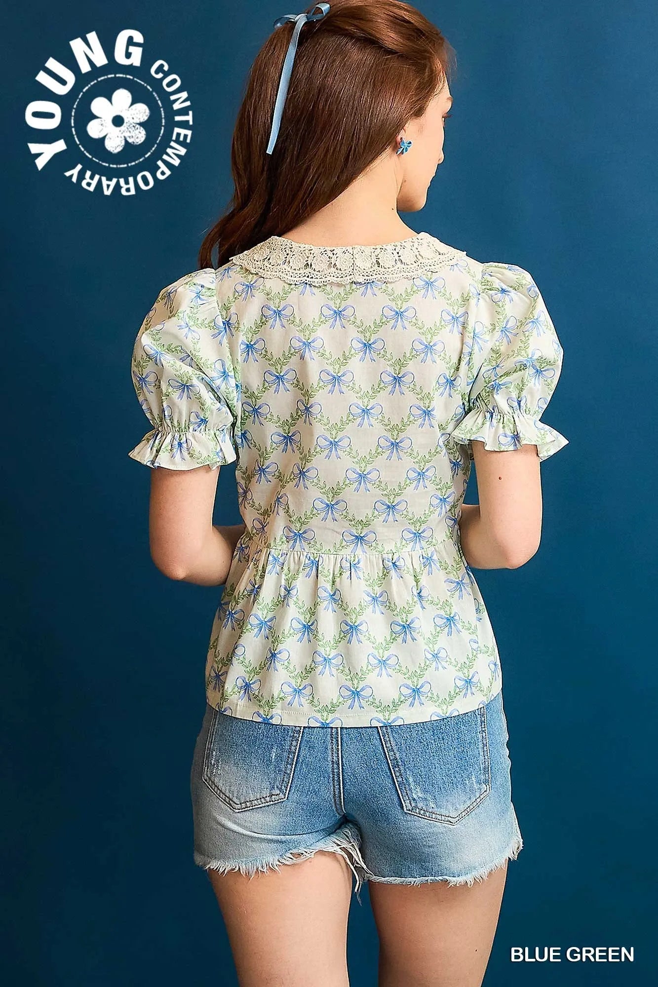 Umgee Lace Detail Bow Print Flounce Sleeve Blouse - Velora Luxury Fashion