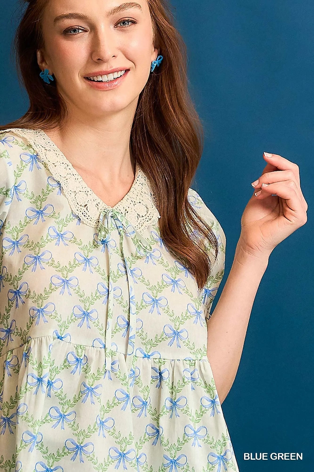 Umgee Lace Detail Bow Print Flounce Sleeve Blouse - Velora Luxury Fashion