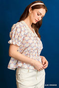 Umgee Lace Detail Bow Print Flounce Sleeve Blouse - Velora Luxury Fashion