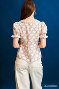 Umgee Lace Detail Bow Print Flounce Sleeve Blouse - Velora Luxury Fashion