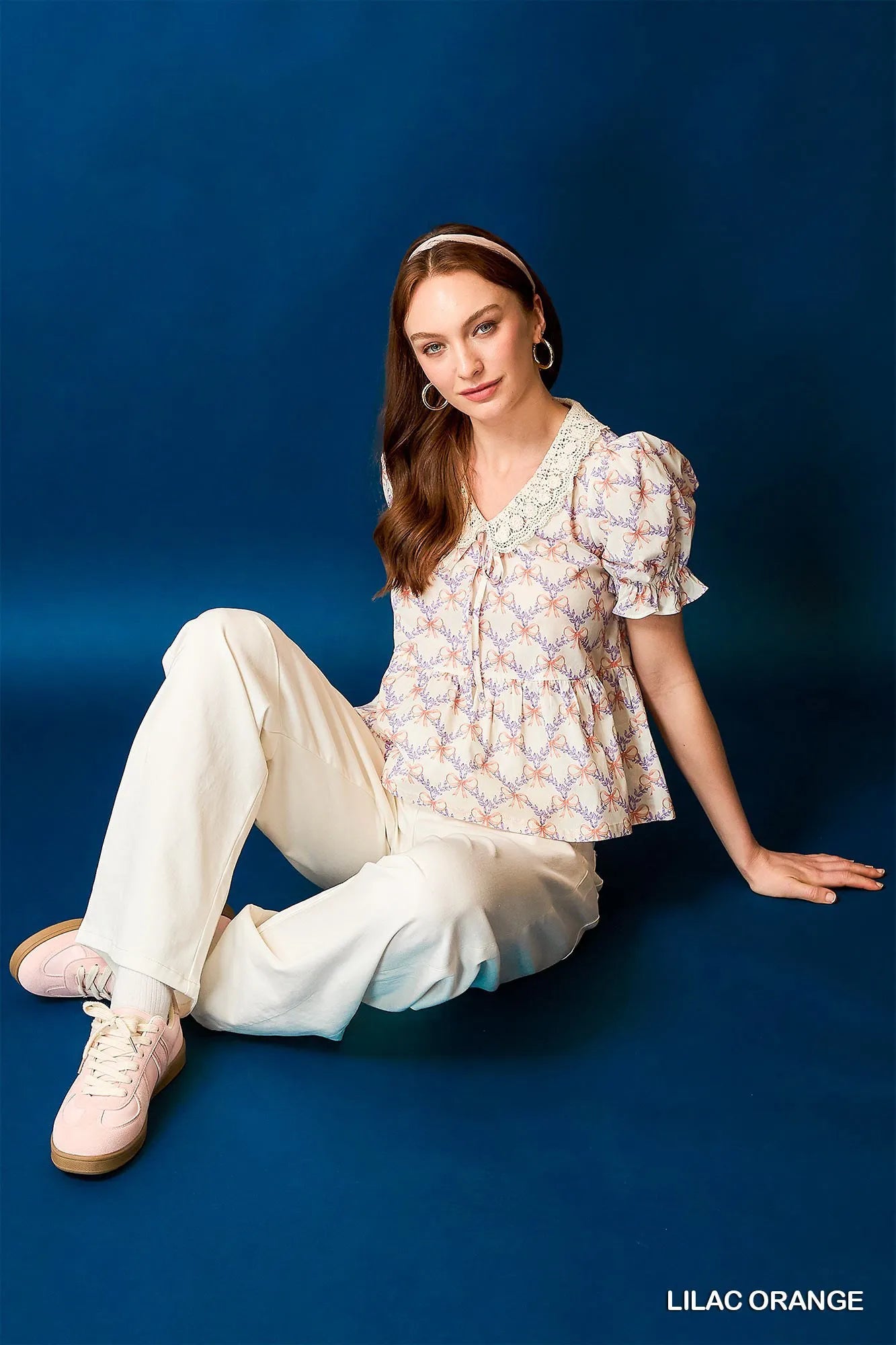 Umgee Lace Detail Bow Print Flounce Sleeve Blouse - Velora Luxury Fashion