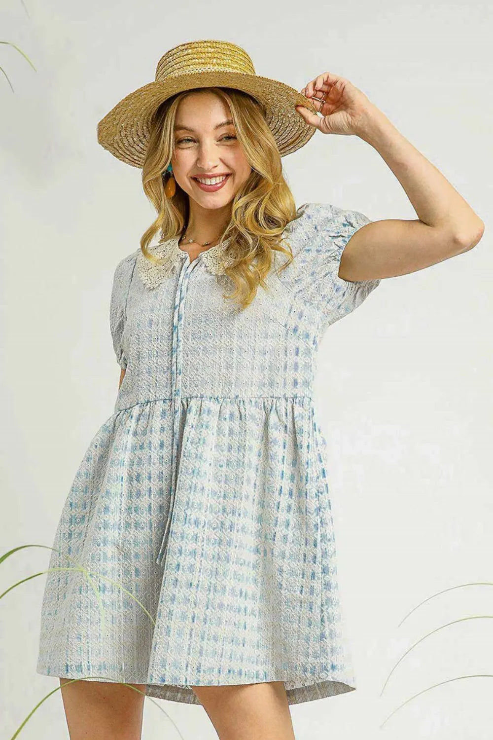 Umgee Lace Detail Short Puff Sleeve Mini Dress - Velora Luxury Fashion