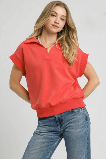 Umgee Luxe Knit Collared Short Sleeve Polo Sweatshirt - Velora Luxury Fashion
