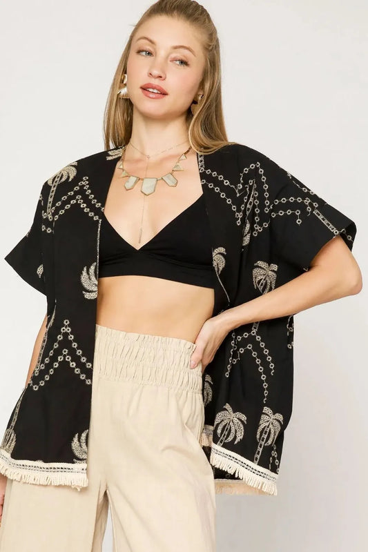Umgee Open Front Embroidered Fringe Kimono - Velora Luxury Fashion