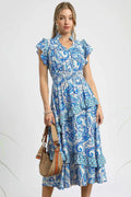 Umgee Paisley Print Ruffle Sleeve Midi Dress - Velora Luxury Fashion