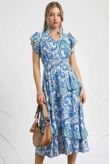 Umgee Paisley Print Ruffle Sleeve Midi Dress - Velora Luxury Fashion