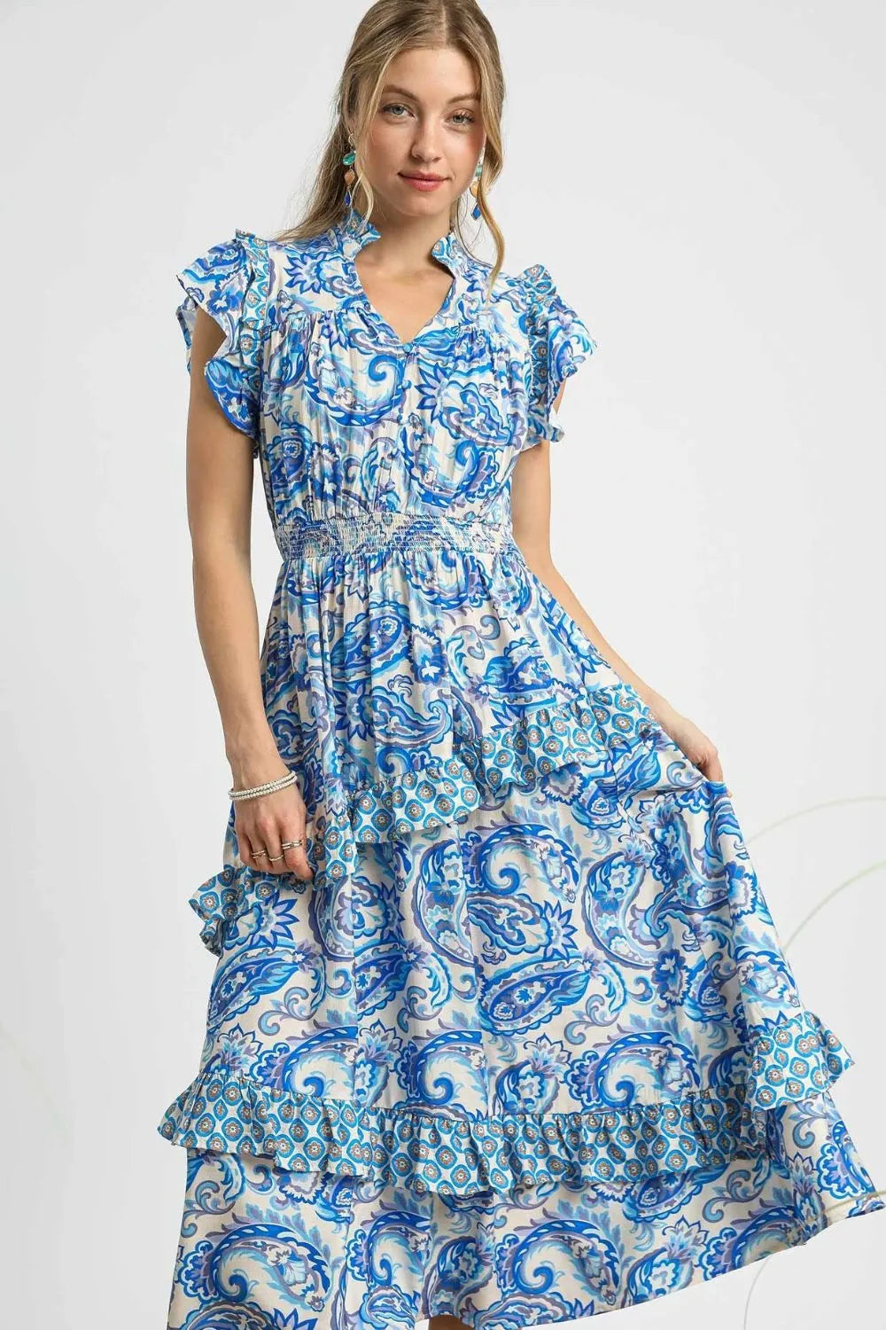 Umgee Paisley Print Ruffle Sleeve Midi Dress - Velora Luxury Fashion