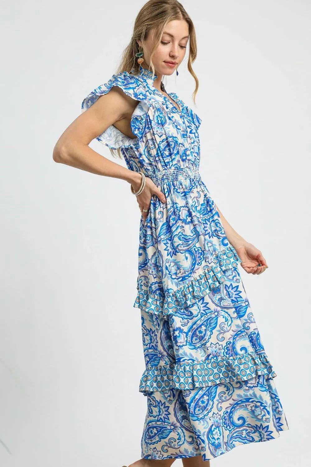 Umgee Paisley Print Ruffle Sleeve Midi Dress - Velora Luxury Fashion