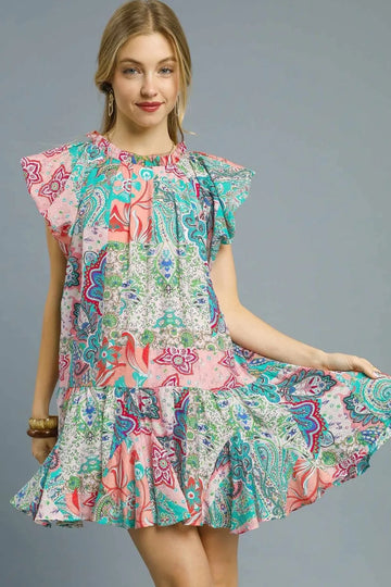 Umgee Printed Ruffle Cap Sleeve Mini Dress - Velora Luxury Fashion