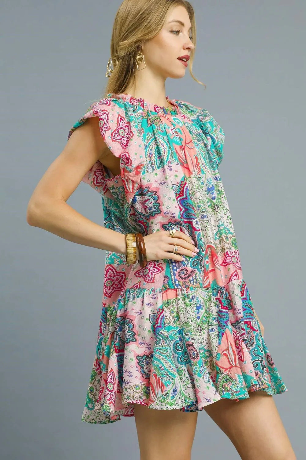 Umgee Printed Ruffle Cap Sleeve Mini Dress - Velora Luxury Fashion