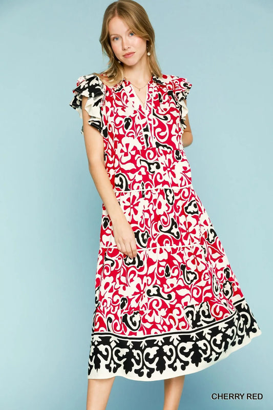Umgee Printed Ruffled Cap Sleeve Midi Dress - Velora Luxury Fashion