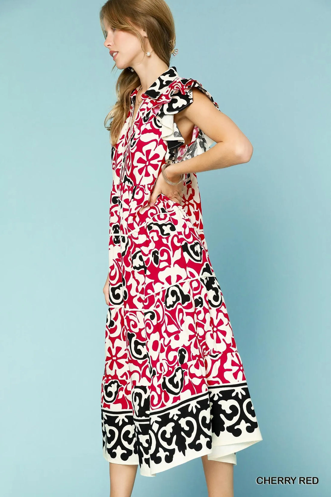 Umgee Printed Ruffled Cap Sleeve Midi Dress - Velora Luxury Fashion