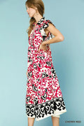 Umgee Printed Ruffled Cap Sleeve Midi Dress - Velora Luxury Fashion