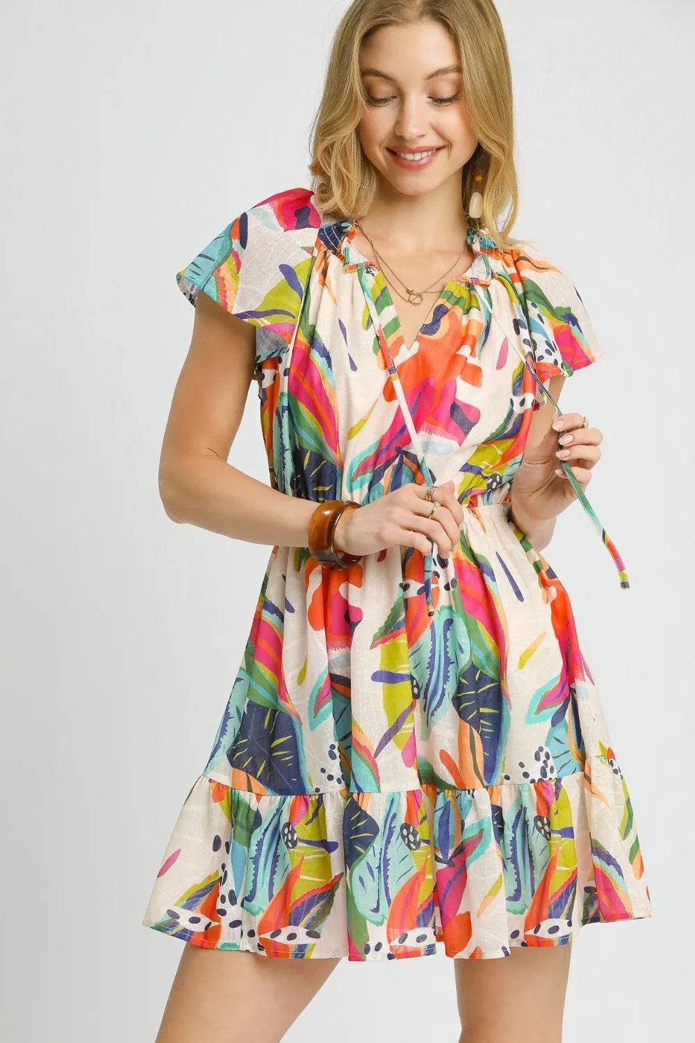 Umgee Printed Tie Neck Ruffled Hem Dress - Velora Luxury Fashion