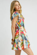 Umgee Printed Tie Neck Ruffled Hem Dress - Velora Luxury Fashion