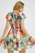 Umgee Printed Tie Neck Ruffled Hem Dress - Velora Luxury Fashion