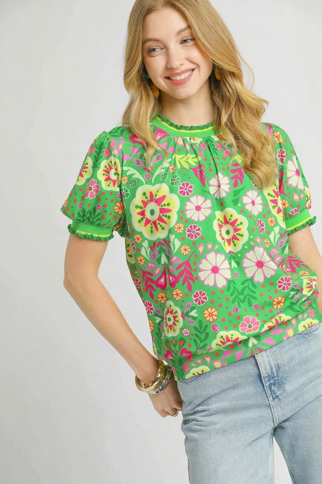 Umgee Retro Floral Puff Sleeve Top - Velora Luxury Fashion