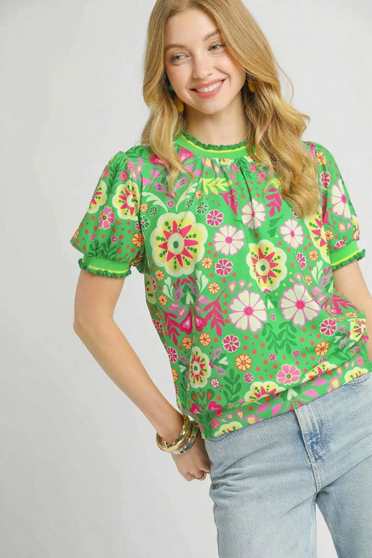 Umgee Retro Floral Puff Sleeve Top - Velora Luxury Fashion