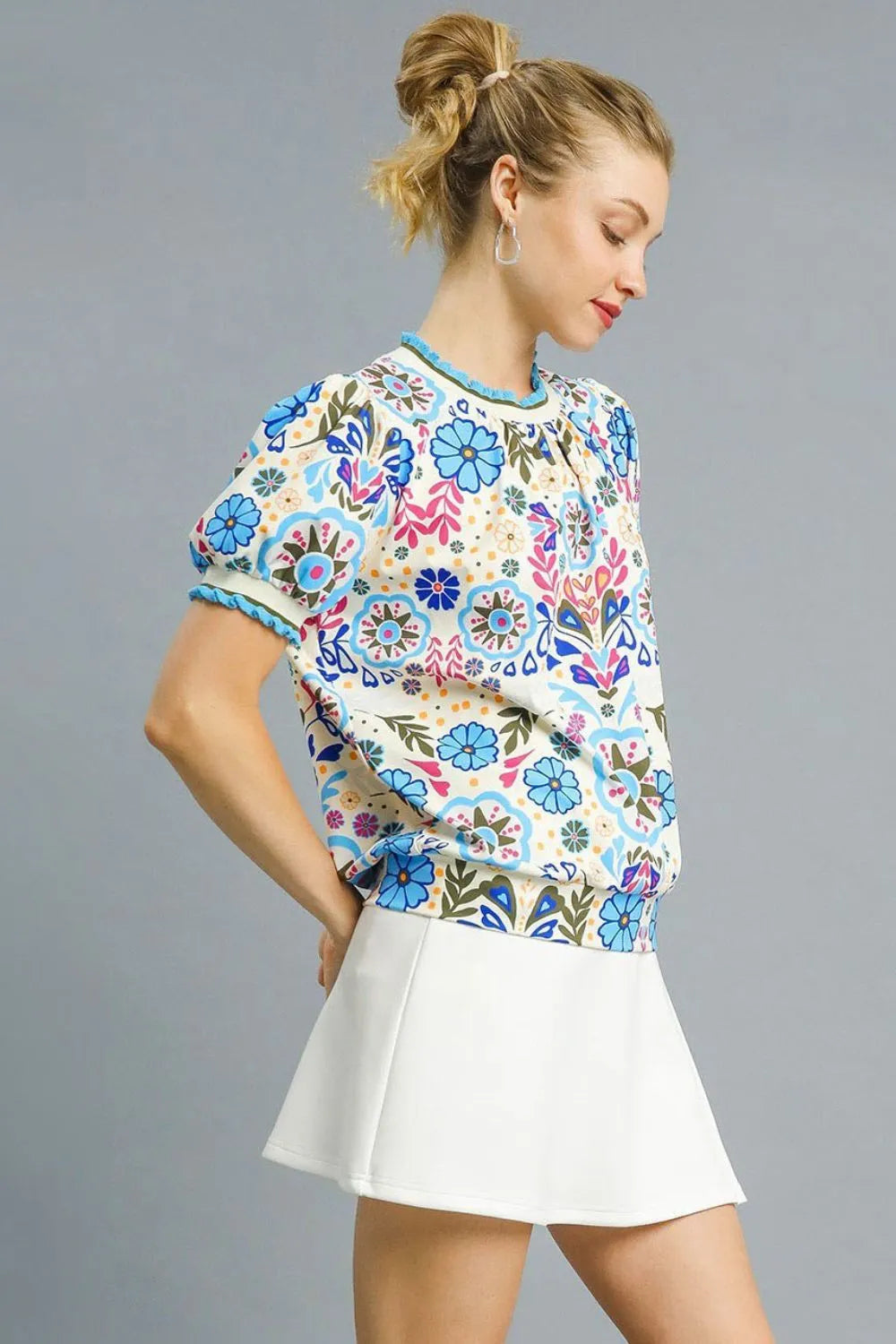 Umgee Retro Floral Puff Sleeve Top - Velora Luxury Fashion