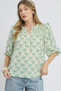 Umgee Ruffled Bow Print Notched Blouse - Velora Luxury Fashion