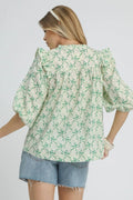 Umgee Ruffled Bow Print Notched Blouse - Velora Luxury Fashion