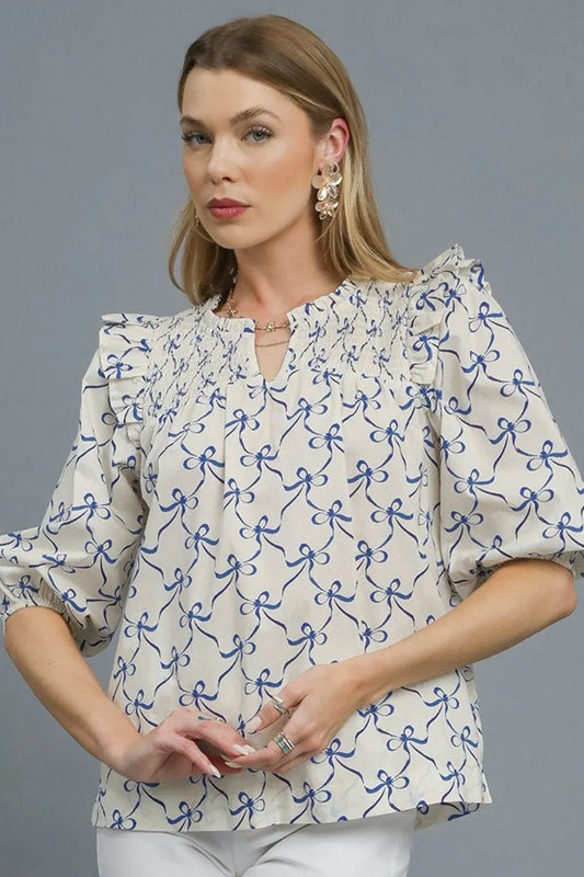 Umgee Ruffled Bow Print Notched Blouse - Velora Luxury Fashion