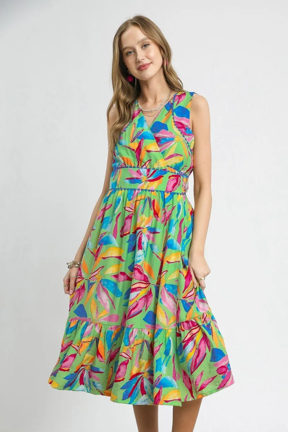 Umgee Ruffled Hem Printed Sleeveless Midi Dress - Velora Luxury Fashion