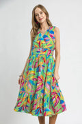 Umgee Ruffled Hem Printed Sleeveless Midi Dress - Velora Luxury Fashion
