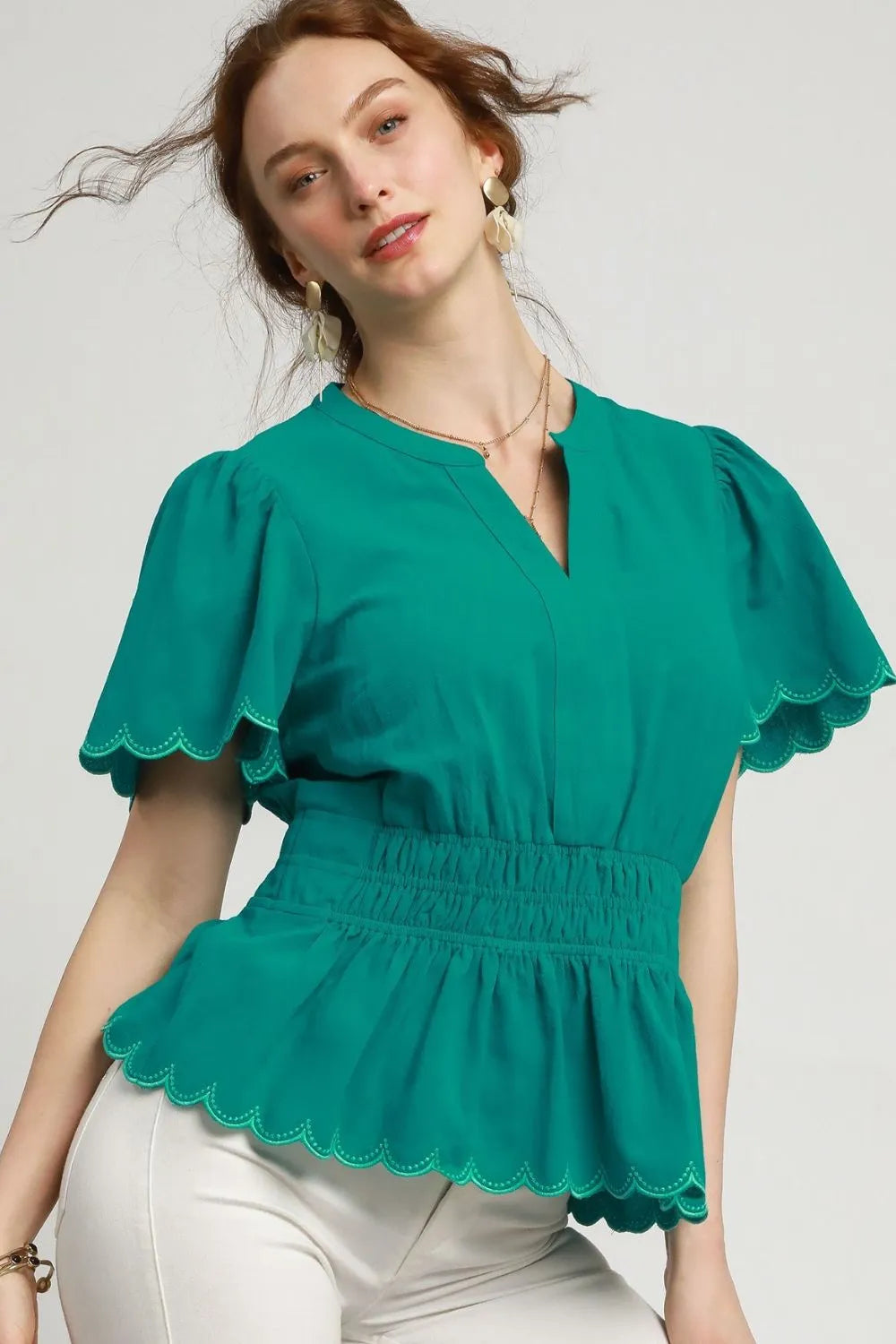 Umgee Scalloped Edge Flutter Sleeve Blouse - Velora Luxury Fashion