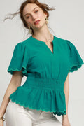 Umgee Scalloped Edge Flutter Sleeve Blouse - Velora Luxury Fashion