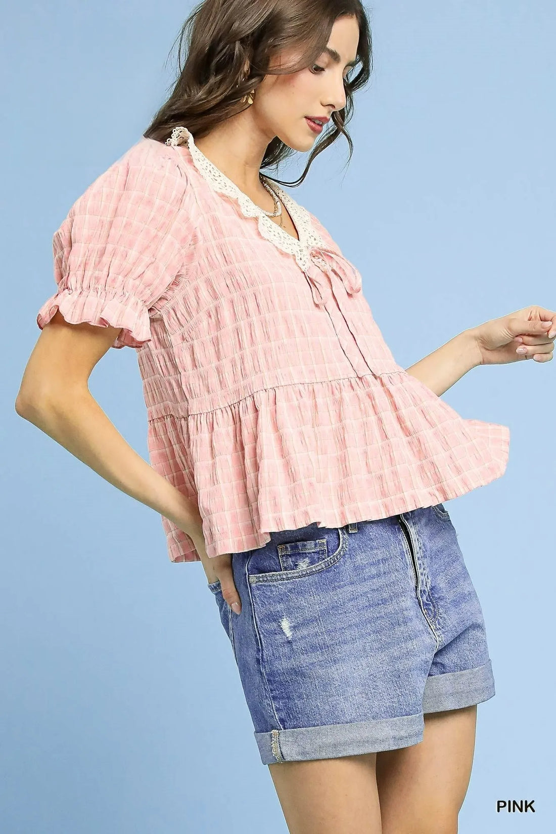 Umgee Short Sleeve Gingham Lace Peplum Blouse - Velora Luxury Fashion