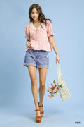 Umgee Short Sleeve Gingham Lace Peplum Blouse - Velora Luxury Fashion