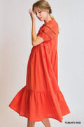 Umgee Short Sleeve Lace-Trim Ruffled Midi Dress - Velora Luxury Fashion