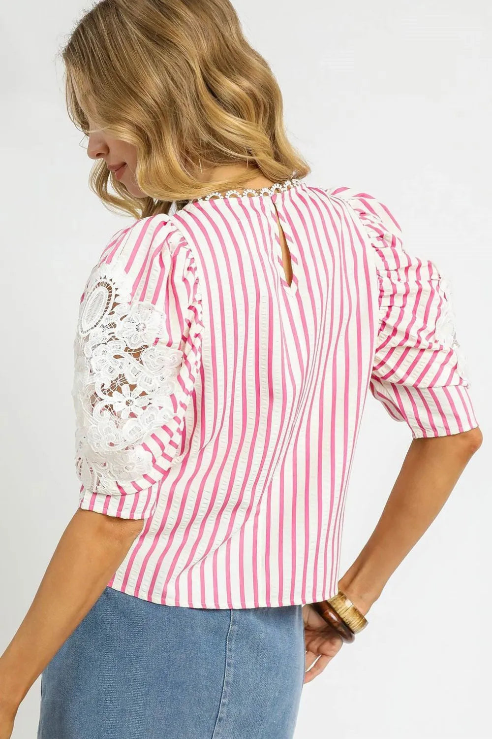 Umgee Striped Lace Puff Sleeve Blouse - Velora Luxury Fashion