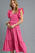 Umgee V-Neck Ruffled Cap Sleeve Midi Dress - Velora Luxury Fashion