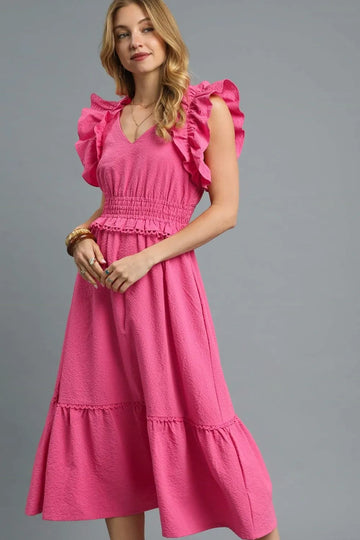 Umgee V-Neck Ruffled Cap Sleeve Midi Dress - Velora Luxury Fashion