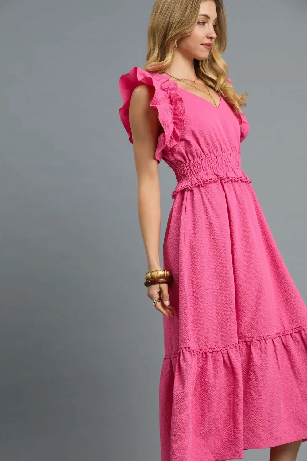 Umgee V-Neck Ruffled Cap Sleeve Midi Dress - Velora Luxury Fashion