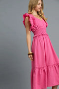 Umgee V-Neck Ruffled Cap Sleeve Midi Dress - Velora Luxury Fashion