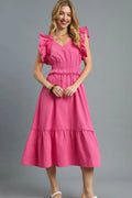 Umgee V-Neck Ruffled Cap Sleeve Midi Dress - Velora Luxury Fashion