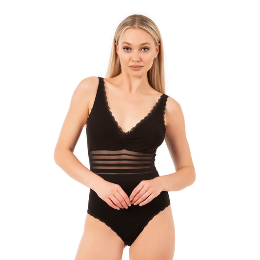 Women's Black Cotton Bodysuit with Sheer Stripe Waist & Lace Trim – Elegant & Comfortable - Velora