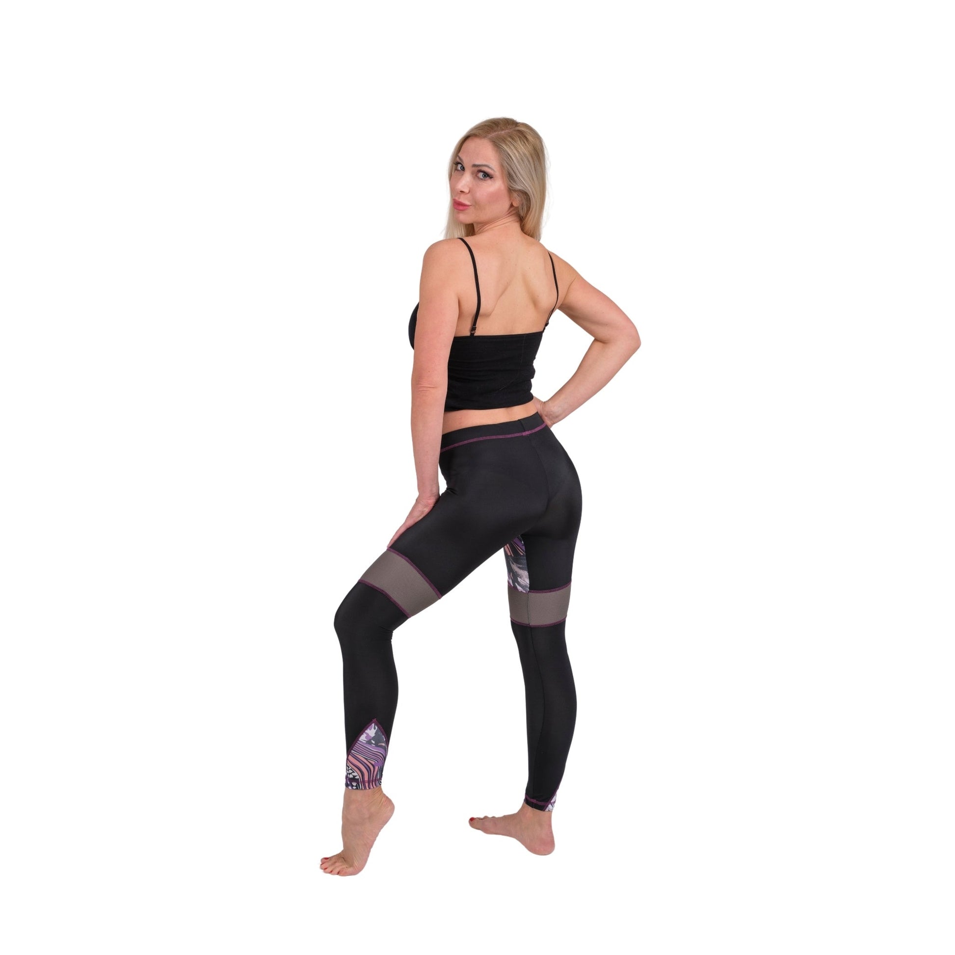 BoldMesh Sculpt Yoga Leggings – Black & Violet Pattern (Breathable Fit) - Velora