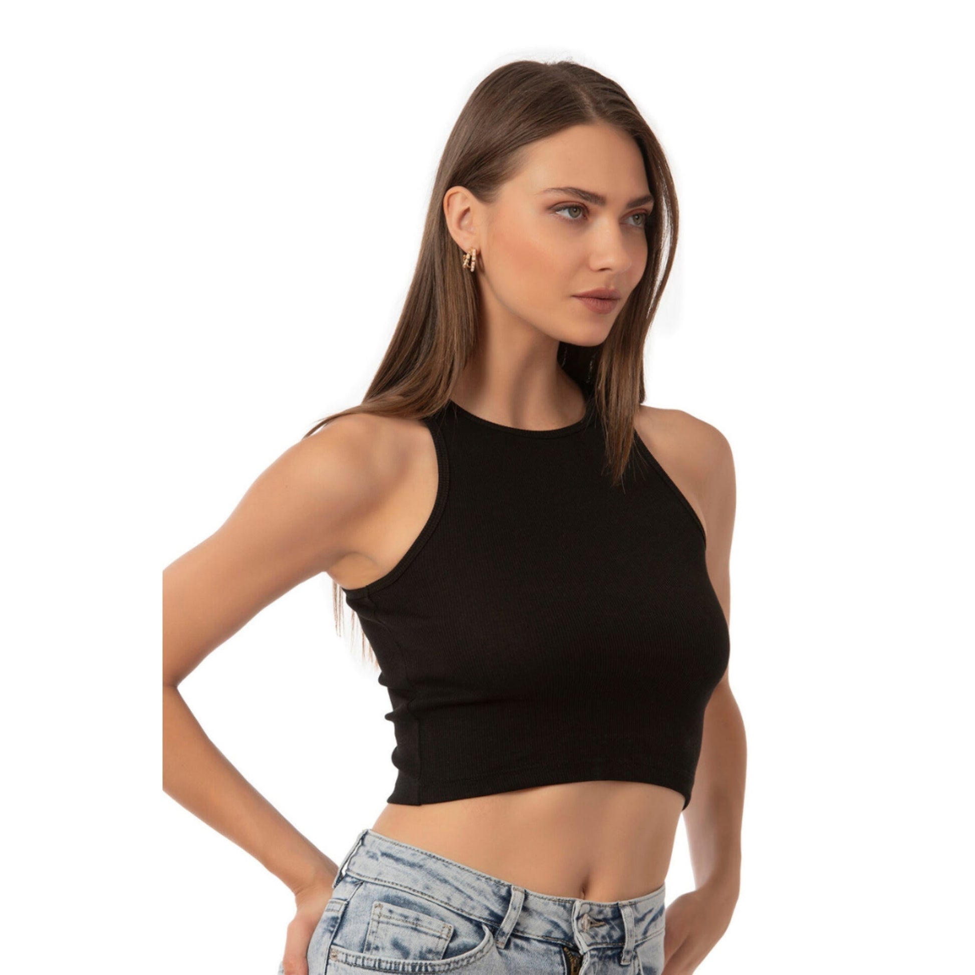 Women’s Ribbed High-Neck Crop Tank Top – Stretchy, Breathable Cotton Blend for Casual & Active Wear - Velora