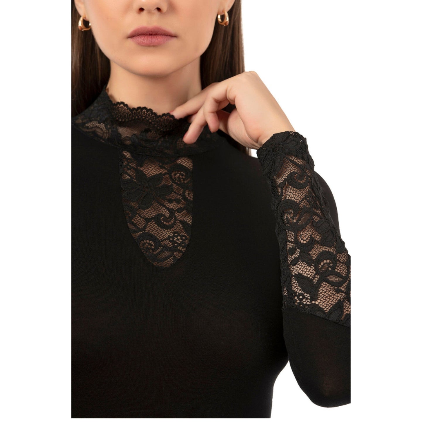 Women's Long Sleeve Lace Bodysuit – Elegant High Neck Design | Black - Velora